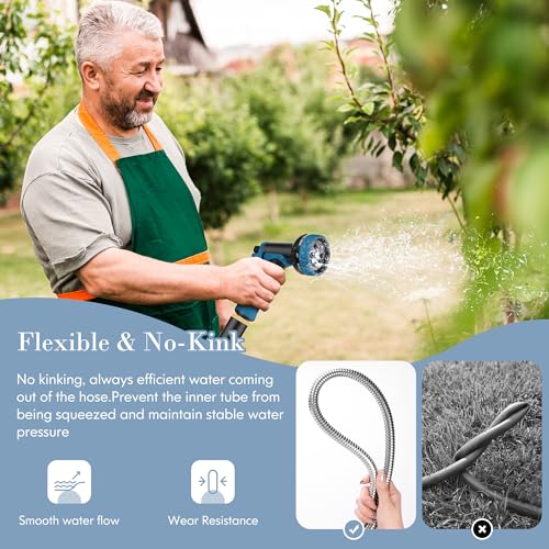 Image of Garden Hose 100FT, Water Hose with 10 Function Nozzle, Garden Hose Metal with Leak-proof Connectors, No-Kink, Lightweight, Puncture-proof, Pet-proof, Sturdy, 550PSI, Hose for Outdoor, Yard