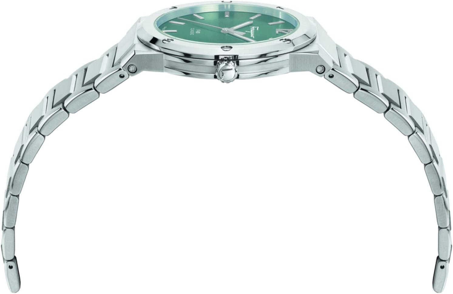 Ferragamo F-80 Classic Collection Luxury Mens Watch Timepieces with a Stainless Steel Bracelet and Case Featuring a Green Dial
