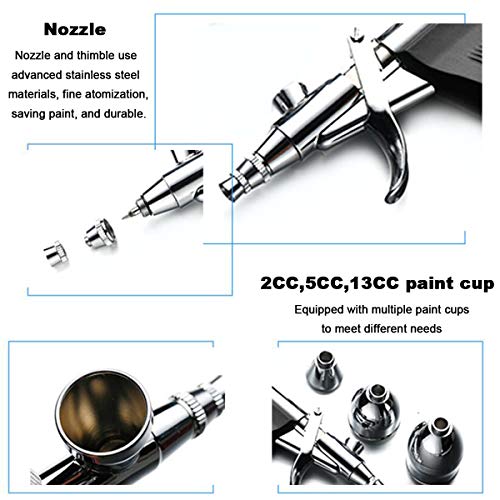 Rj-Global Double Action Airbrush Kit, Trigger Air Brush Spray Gun With 0.3, 0.2, 0.5Mm Needles, 3 Sets Nozzles, Air Cap, 2Cc/5Cc/13Cc Paint Cup, Air Hose, For Tattoo, Makeup, Nail, Model, Art Hobby #TOP2