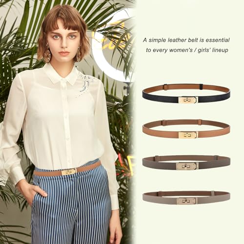 Image of Ovekaut Women Skinny Leather Belt Solid Color Alloy Turn Lock Adjustable Waistband for Dresses Jeans Coats