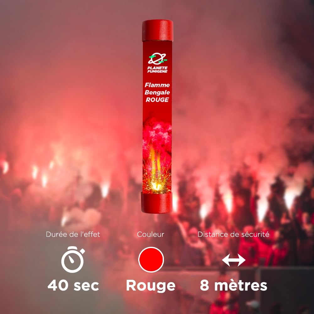 Fumigène Flamme de Bengale ROUGE VIF - Lot de 5 - Torche durée 40 secondes - Allumage à Mèche, fumigene couleur à tenir en Main - idéal pour évènements, supporter sport Catégorie F1