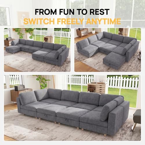 Image of 128 inch Modular Sectional Sleeper Sofa, 8 Seaters Chenille Modular Sectional Sofas, Sleeper Sofa Bed with Storage & Ottoman, Sleeper Couch with Removable Covers, Grey Sectional Couches for Living Room