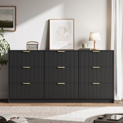 Image of MAISONARIA 63 inch Wide Fluted 9-Drawer Dresser for Bedroom, Black