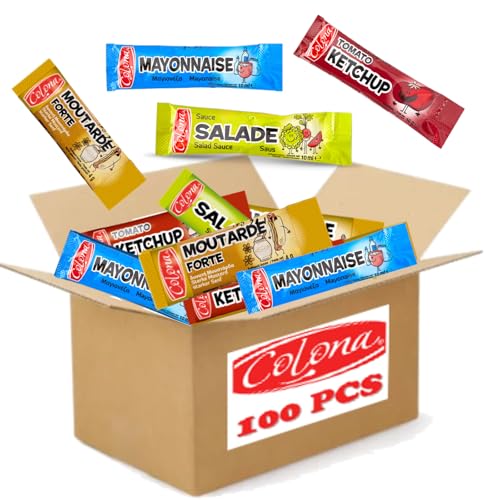 COLONA | Assortiment de 100 sticks de sauce Ketchup, Mayonnaise, Salade, Moutarde | doses individuelles