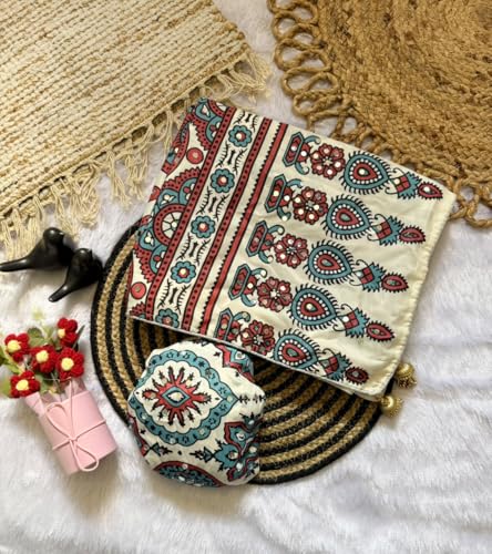 Image of Ajrakh Print Saree, Cream, Cotton, Mirror Work Embellishment, Ethnic Style with Tassels
