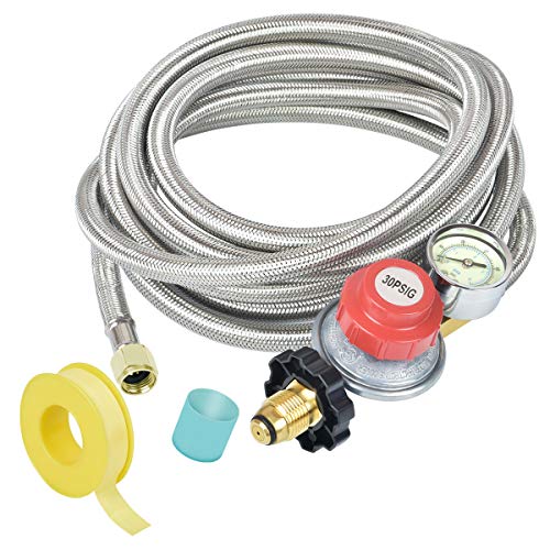 Generep 0-30 PSI Adjustable Propane Tank Regulator,12 Foot High Pressurepropane Hose with Gauge/Indicator,More Durable Stainless Steel Braided Gas Hose and LP Gas Regulator(12 FT)