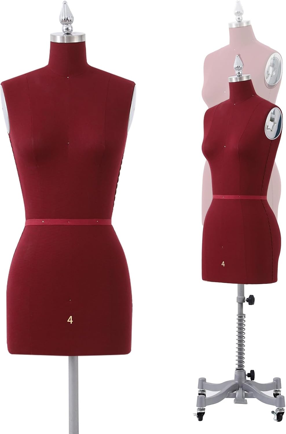 Industry Grade Sewing Mannequin Female Size 4, Professional Dress Form for Garment Design, Height Adjustable Mannequin for Sewing w/ Stable Metal Base & 360°Casters, Ancora Red Ancora Red 4