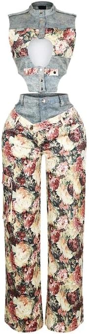 Molilove Women’s 2 Piece Outfits Sexy Floral Sleeveless Hollow Out Crop Top and Cargo Pants Set with Pockets Y2K Tracksuit - Image 6