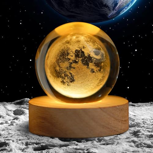 YU FENG 3D Carved Moon Crystal Ball with with Warm White Light Base for a Warm and Mysterious Ambiance 2.36 Inches