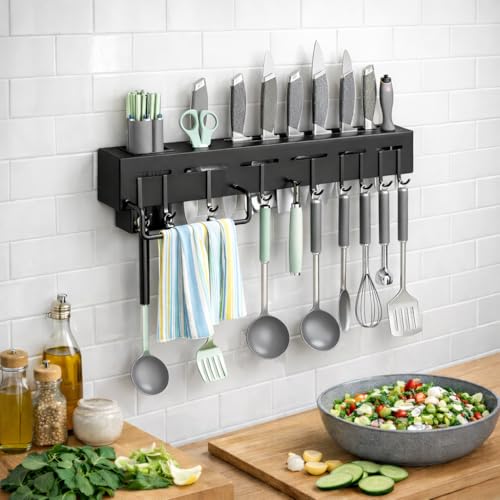 Image of Clazkit Kitchen Shelf Wall Mount Knife Holder,Towel Hanger, Spatula Ladle Hanging Hooks, Cutlery Holder Storage Rack High Grade Plastic Multi-Purpose (44 x 4.5 x 8cm)-Black