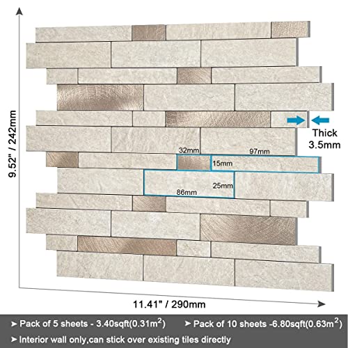 Benice Peel And Stick Backsplash Tile For Kitchen,Peel And Stick Mosaic Tile Stickers Waterproof Bathroom Tile Peel And Stick Tiles For Walls (10Sheets, Rustic Beige Brown) #TOP5