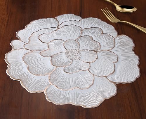 Yellow Weaves 4 Pcs PVC Round Table Placemats, Dining Table Mat, Stain Resistant, Anti-Skid, Waterproof, Washable, Dining, Kitchen, Restaurant Table Set Easy to Clean, Durable (Floral Rose Gold)