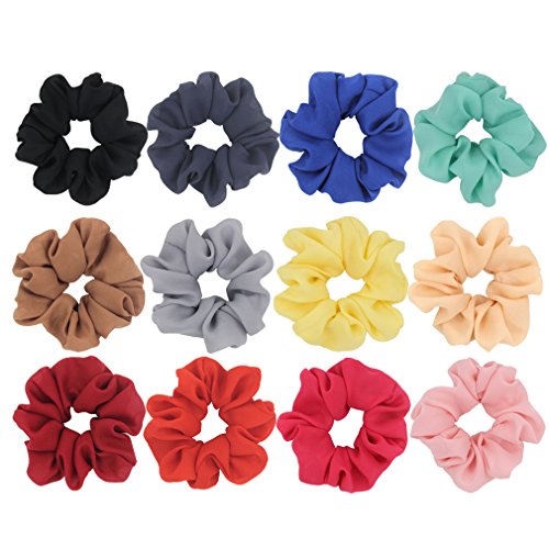Hair Scrunchies Elastic Hair Ties Chiffon Fabric Hair Bobbles with Rubber Band Hair Ropes for Women Ponytail Accessories Bracelet Solid Colors Pack of 12pcs