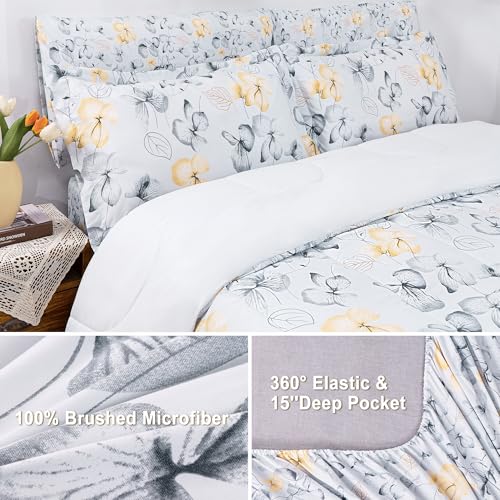 Image of lasoftan Floral Queen Comforter Set with Sheets, 7 Piece Luxury Vintage Bedding, Soft Microfiber Bed in a Bag, Cozy Lightweight Bed Set, Grey Yellow Leaves
