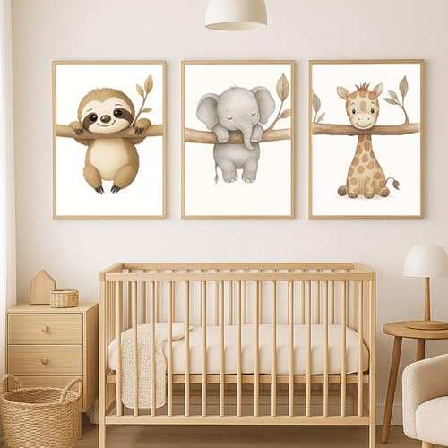 3 Laminas Animales Infantiles 30X40CM Cuadros Para Cuarto de Bebe Safari Poster Niños Habitacion Lienzo Animales Bebé Laminas Decorativas Pared...