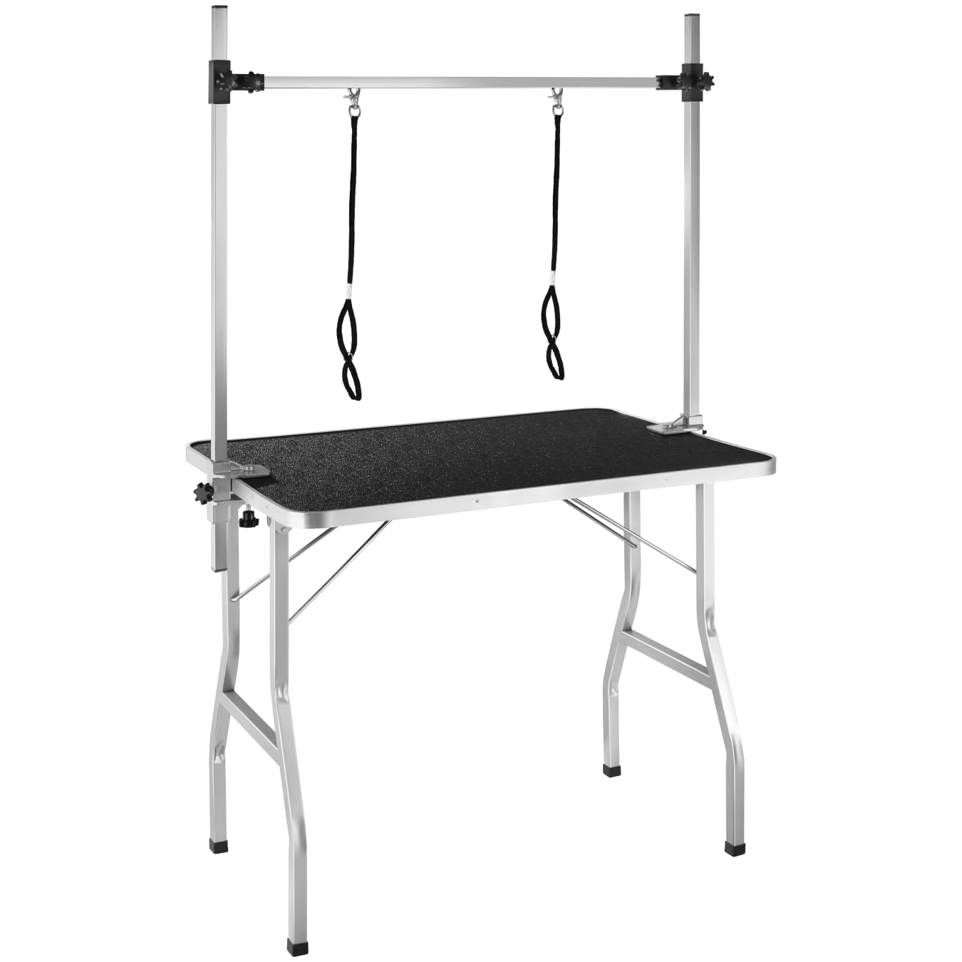 tectake® Dog Grooming Table with Height-Adjustable Grooming Arm & 2 Rotatable Leashes, Foldable Pet Grooming Table with Non-Slip Surface, Sturdy Frame & 60kg Load Capacity for Dogs & Cats - Black/Grey