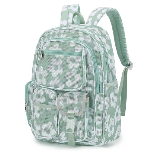 Pepailug Mesh Backpacks for School Heavy Duty Breathable See Through Bookbag for Women Girls Boys Kids Large Capacity Mesh bag for Beach Swimming Gym Work Travel- Floral Matcha Green