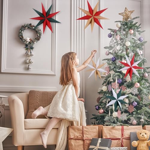 Image of 12 Inches 5 PCS Cindy Paper Star Lanterns Red Green White Christmas Party Decorations Hanging Stars Christmas Party Decorations Wedding Birthday Christmas Home Party Decorations(9 Pointed)