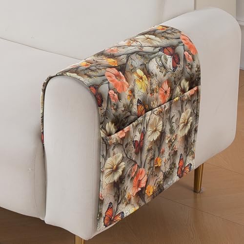 Image of HOKIPO 'Nature Muse' Premium HD Printed Holland Velvet Sofa Armrest Covers with Pockets | 1 Pair | Butterfly Orchard (IN-921-L-D3*2)