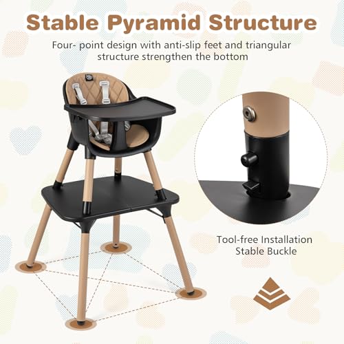 Image of BABY JOY High Chair, 5 in 1 Convertible Highchair for Babies & Toddlers | Booster Seat | Table and Chair Set | Infant Feeding Chair with Removable Tray, Safety Harness, Removable Cushion (Brown)