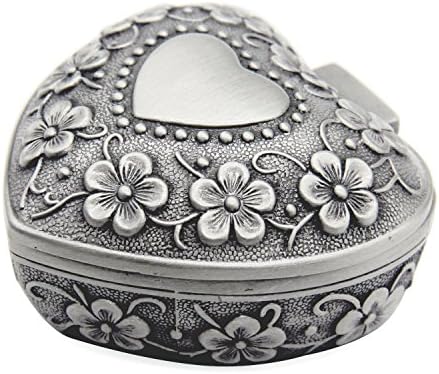 AVESON Classic Vintage Antique Heart Shape Jewelry Box Ring Small Trinket Jewellery Storage Organiser Chest, Silver