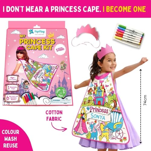 Image of PepPlay Princess Cape Coloring Kit - Personalised Pink Cotton Cape, Magical Unicorns & Fairies | Crown + 6 Washable Fabric Markers | Reusable Pretend /Role Play Birthday Return Gift for Girls Age 3-7