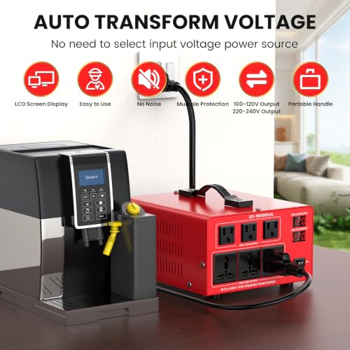 Image of 10000W Heavy Duty Voltage Converter Transformer - Step Up 110V to 220V & Step Down 220V to 110V, Auto Input Recognition, 3 US & 3 Universal Outlets, LCD Display, Circuit Breaker for Travel & Home