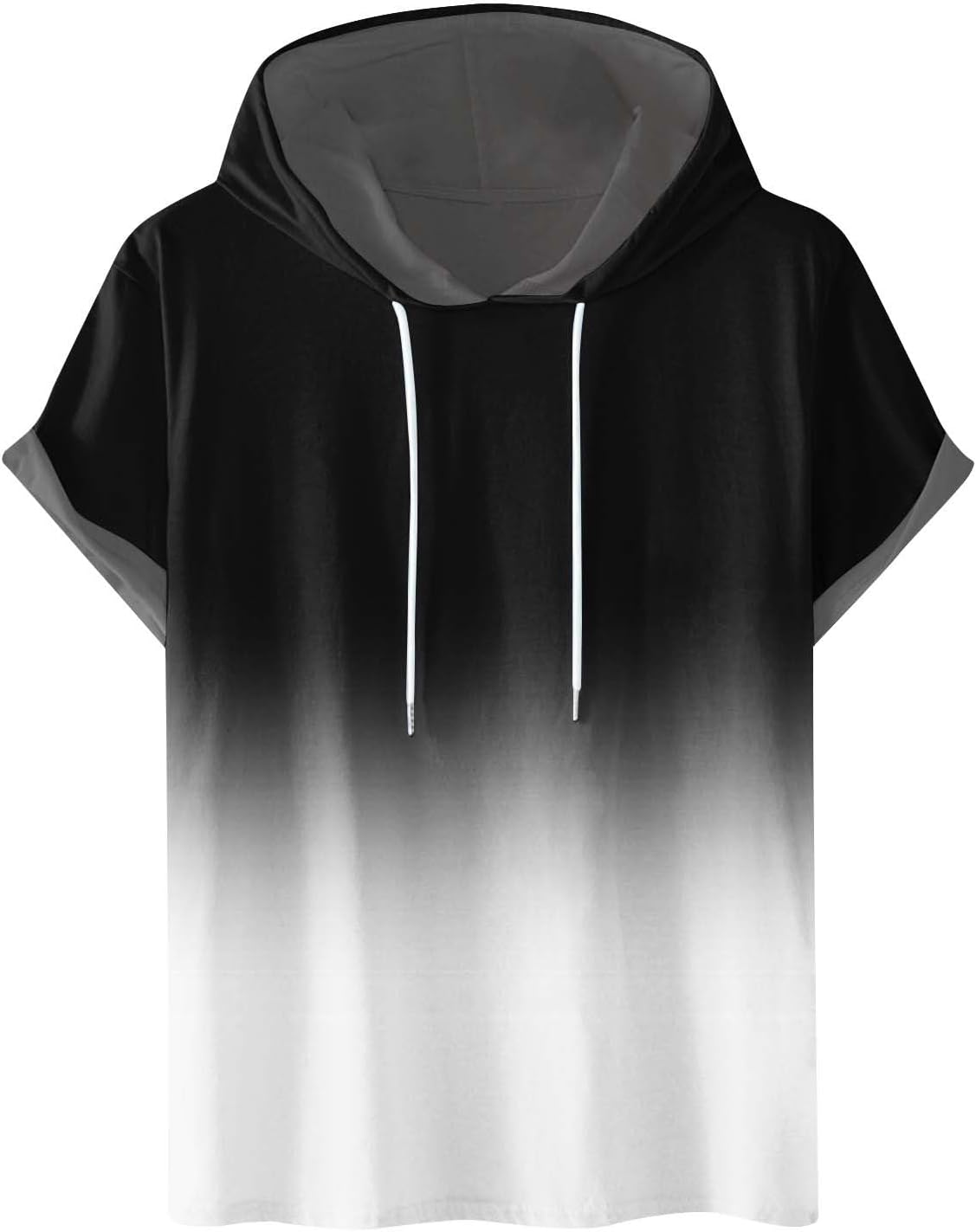 Mens Workout Shirts Loose Fit Short Sleeve Hoodies Casual Stylish Drawstring Gradient Color Loose Pullover Shirts