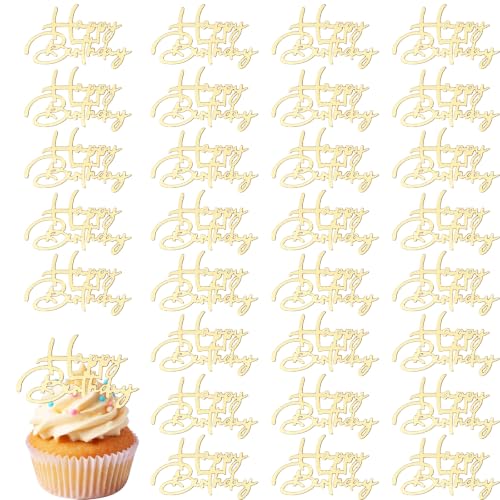 30pcs Mini Gold Acrylic Happy Birthday Cupcake Toppers for Party Supplies