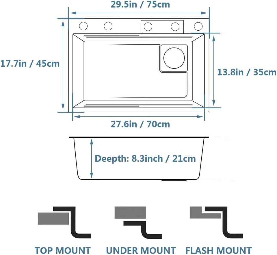 Black Waterfall Kitchen Sink, Drop in Single Bowl Stainless Steel Bar Sink with Cup Washer Sinks, Topmount Workstation Kitchen Sink with Accessories (Size : 29.5 x 17.7in)