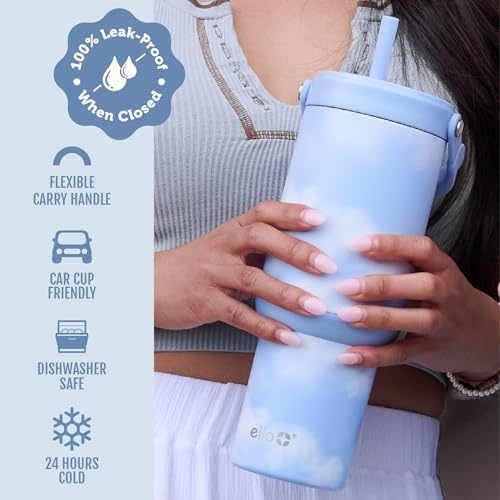 Image of Ello Oasis Go+ 32oz Tumbler with Top Handle and Retracting Straw | Reusable Insulated Stainless Steel Cup, 100% Leakproof Water Bottle, 24 Hours Cold, Cup Holder Friendly For Travel | In The Clouds