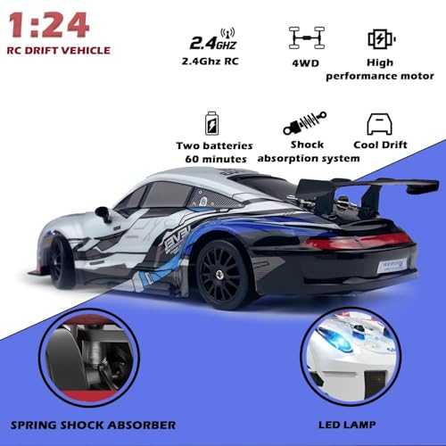 Image of Remote Control Drift Car for Kids and Adults, High Speed 4WD RC Racing Car with LED Lights, Rechargeable Battery and 2.4GHz Controller for Indoor Outdoor Play (White)