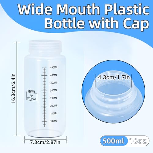 DEMORA Plastic Bottles with Airtight Caps 16oz/500ml, Food Grade Wide Mouth Liquid Containers, Reusable PP Graduated Plastic Bottles for Water Sample Lab Reagent Liquids Mixing (Clear, 4 Pcs)