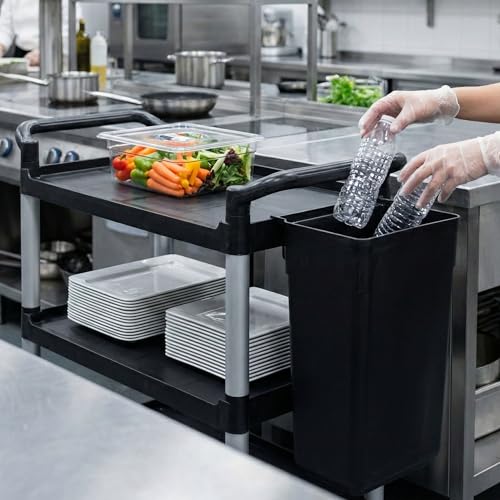 Image of Restaurantware RW Clean 13 Inch x 9.2 Inch Waste Basket 1 Slim Trash Bin - Attachable For Office Black Plastic Trash Can Fits Rolling Utility Cart Heavy Duty