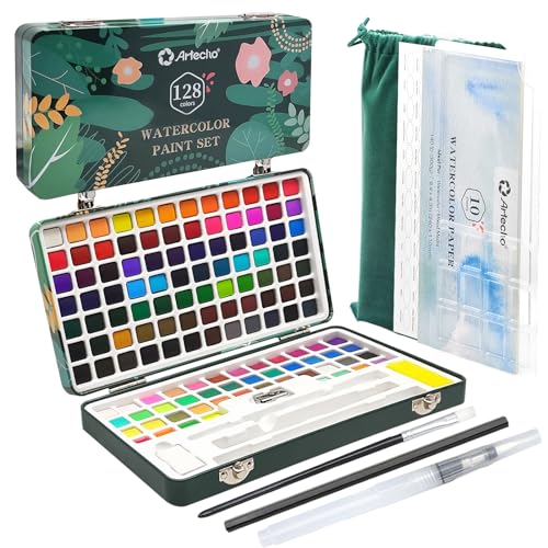 Artecho Aquarellfarben Set 128 Farben in Tragbarer Box, Aquarellmaler-Set für Erwachsene mit Aquarellpapieren und Pinseln, perfektes Aquarell-Set für Anfänger und Profis