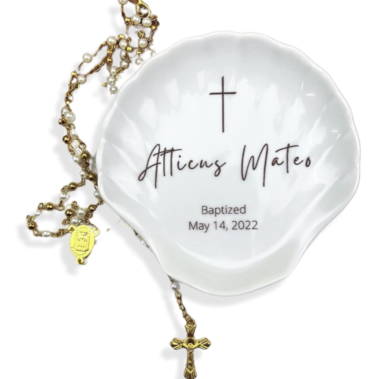 Personalized Baptism Shell and Rosary Ceramic White 4