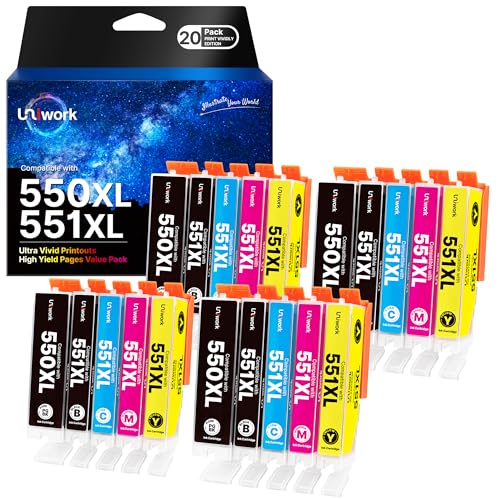 Uniwork 550XL 551XL Compatibili Cartucce d'inchiostro Sostituzione per Canon PGI-550 CLI-551 XL per Pixma iX6850 MG5650 MG5550 iP7250 MX925 MX920 MG5450 MX725 (PGBK Nero Ciano Magenta Giallo, 20-Pack)