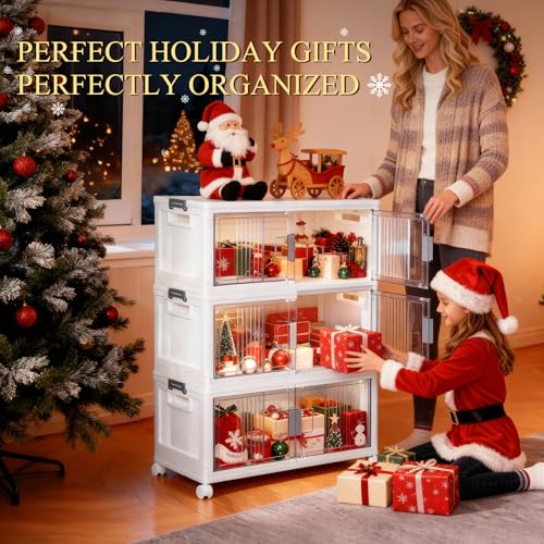 OlarHike 144QT Lockable Storage Bins with Lids - Folding Storage box with Doors and Wheels, Collapsible Plastic Bins for Closets, Stackable Organizer and Containers, Christmas Gifts, 3 Pack Cubes - Image 4