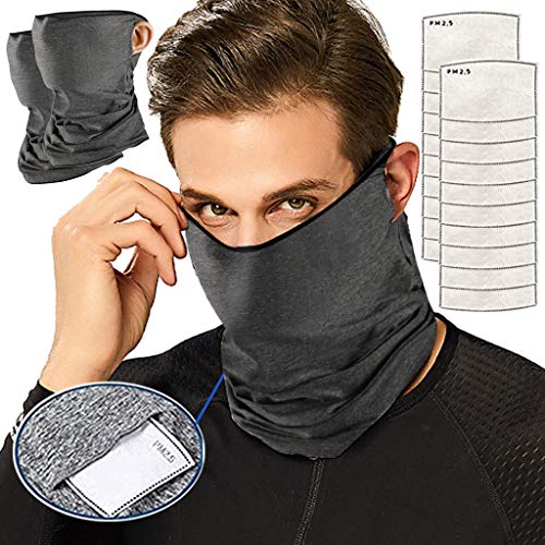 Lomelomme 2 Stück Face Shields Multifunktionstuch Halstuch Mundschutz Bandanas + 20 Stück Baumwolle Filter für Damen und Herren (Dark Gray)