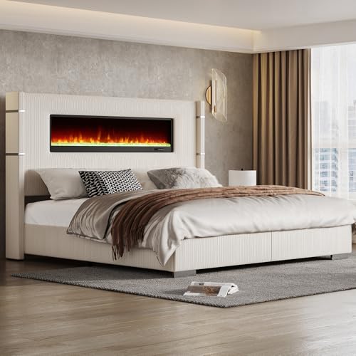 AMERLIFE Modern California King Size Bed Frame with Fireplace, Corduroy Upholstered Bed Frame with 60.4“ Extra Tall Headboard, Wingback Platform Bed Frame Wooden Slats/No Box Spring Needed, Beige