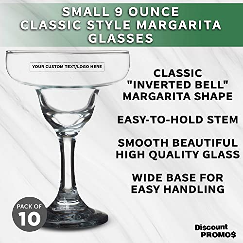 DISCOUNT PROMOS 10 Margarita Glasses Set, 9 oz. - Personalized Text, Logo - Classic, Smooth, Barware, Glassware - Clear