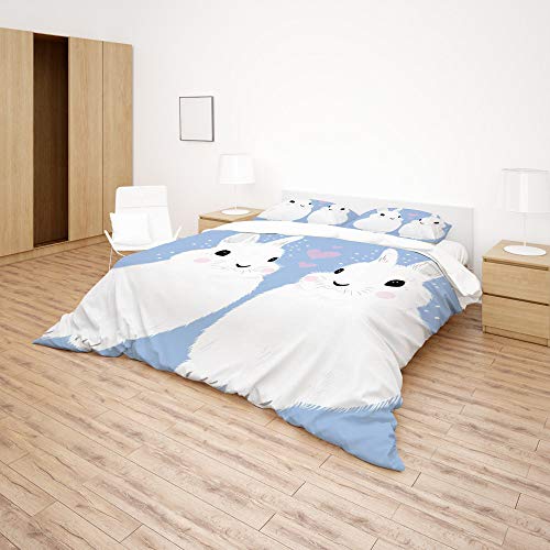 Housse de couette microfibre souple lit double drap motif lapin blanc maison - 5