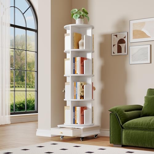 Ztexkee 360 Rotating Bookshelf 4 Tier Rotating Bookshelfs Floor Standing with 1 Drawer Mobile Bookshelf with Wheels for Living Room Bedroom Study Office