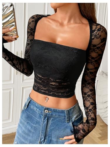 Women's Lace Sheer Mesh Ruched T Shirt Square Neck Long Sleeve Slim Fit Crop Tops3