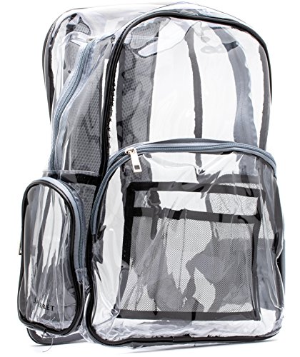 Heavy Duty Clear Backpack Grey, Quality Transparent, See-Through Bag, Large (Grey, Black Trim)