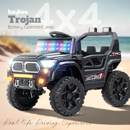 Image of Baybee Trojan Battery Operated Jeep for Kids with RGB Windshield Light, Bluetooth, USB & Music | Baby Big Ride on Battery Car | Electric Jeep Car for Kids to Drive for 2 to 6 Years Boys Girls (Black)