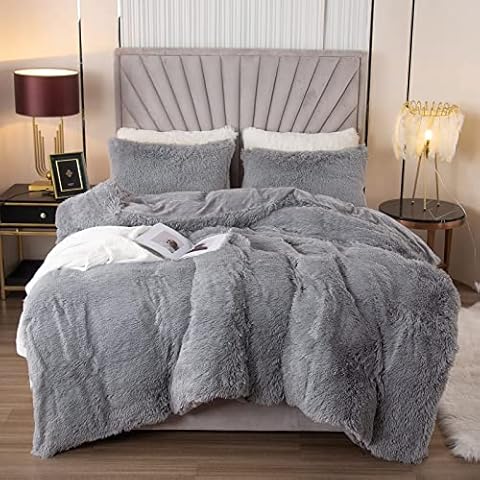 EMME Plush Shaggy Duvet Cover Set Queen Size 3 Pieces Fluffy Fuzzy Comforter Cover Set for Queen Bed Luxury Soft Bedding Duvet Covers (Grey, Queen) Cover