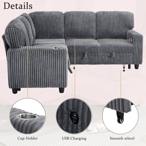 Image of KEIKI 81 inch L-Shaped Oversized Corduroy Modular Sectional Sleeper Sofa with Pull-Out Bed, Storage Seat, Modern 5-Seater Upholstered Couch Bed with Charging Station, Easy Assembly, for Living Room, Grey