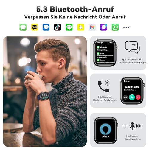 Smartwatch Damen Herren, 1.83" HD Fitness Tracker mit Schrittzähler/Blutdruckmessung/Pulsuhren/Telefonfunktion, Schlaftracker… – Ansicht 2