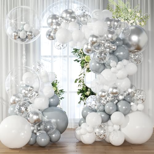 KARLURE White Silver Balloon Arch Kit Garland with Grey Clear Balloons for Birthday Baby Shower Engagement Wedding Pool Party First Confirmation Baptism 25th Anniversary Decorations